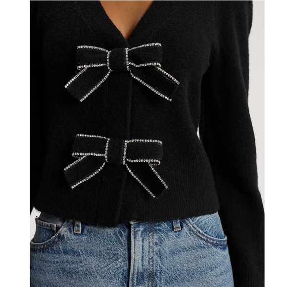 [⭐️ PRICE FIRM] EXPRESS Bow V-Neck Puff Shoulder Cardigan Sweater Black Medium M - Picture 3 of 14